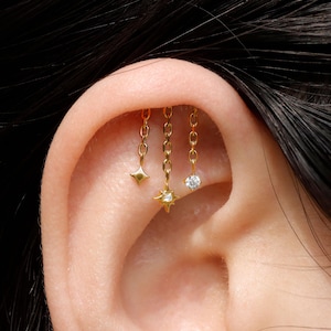 North Star Dangle Hidden Helix Threadless Earring, 316L Implant Steel Push in Stud, Flat Back Floating Helix Piercing Jewelry, 16G/18G/20G