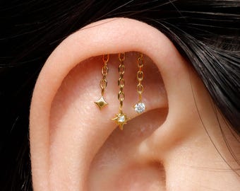 North Star Dangle Hidden Helix Threadless Earring, 316L Implant Steel Push in Stud, Flat Back Floating Helix Piercing Jewelry, 16G/18G/20G