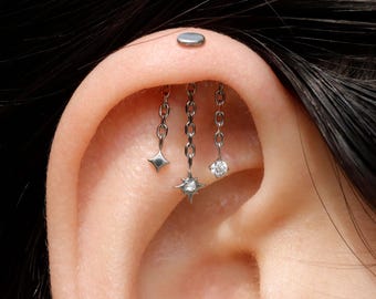Vertical Helix Threadless Star Dangle Chain Earring, 316L Implant Steel Push in Stud, Flat Back Helix Piercing Jewelry, Titanium 16G/18G/20G