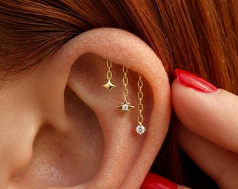Drievoudige ster hanger verborgen helix draadloze oorbel, implantaatkwaliteit push-in stud, zwevende helix piercingsieraden platte achterkant, 16G/18G/20G