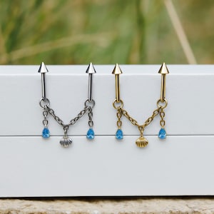 Double Vertical Helix Stud Earring with Shell Dangle, F136 Titanium Internal Threaded Double Floating Helix, Flat Back Helix Dangle Jewelry