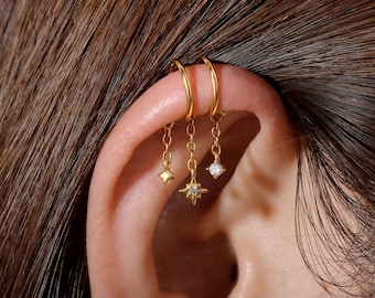 Faux Vertical Helix Earring Stud, Stars Drop Vertical Helix Cuff, No Piercing Needed Adjustable Double Clip Earring, Fits securely All Day