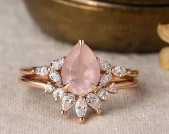Pear Cut Rose Quartz Engagement Ring Set 14K Rose Gold | Leaf Moissanite Halo Bridal Wedding Ring | Unique Romantic Promise Ring For Her