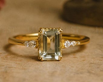 Emerald Cut Green Amethyst Ring 14K Yellow Gold | Prasiolite Engagement Ring | Minimalist Gemstone Promise Ring for statement Women Gift,