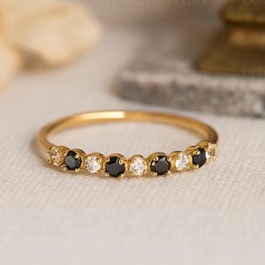 Diamond and Onyx Band 14K Yellow Gold | Dainty Half Eternity Ring | Black and White Gemstone Stacking Wedding Promise Ring for Women