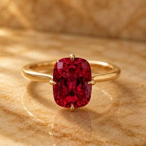 May include: A gold ring featuring a large, cushion-cut, deep red gemstone set in a four-prong mounting. The band is smooth and polished, showcasing a vibrant, saturated red stone that catches the light, creating a clear, focused display.