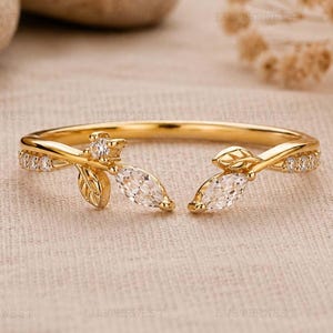 Öppen ring med moissanitblad, naturinspirerad guldring, justerbar vinrankering, minimalistisk blommig vigselring, present till henne
