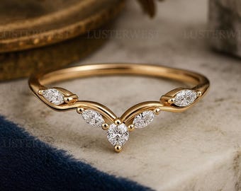 14K Yellow Gold V Shape Ring, Chevron Moissanite Wedding Band, Marquise Diamond Band for Women, Stacking Anniversary Gift