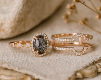 Oval Black Quartz Ring Set, Diamond Halo Stacking Set, 14k Rose Gold Oval Alternative Engagement Ring, Anniversary Gift for Love, 2 pcs Ring