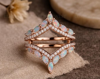Marquise Opal Chevron Ring Set, Double Band Rose Gold Opal Wedding Ring, Unique Stacking Bridal Jewelry, Anniversary Gift for Her, Wrap Ring