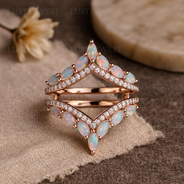 Marquise Opal Chevron Ring Set, Double Band Rose Gold Opal Wedding Ring, Unique Stacking Bridal Jewelry, Anniversary Gift for Her, Wrap Ring