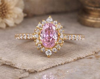 Oval Pink Sapphire Ring, 14K Solid Gold Pink Sapphire Ring, Diamond and Pink Sapphire Ring, Minimalist Ring, Dainty Oval Cut Sapphire Ring