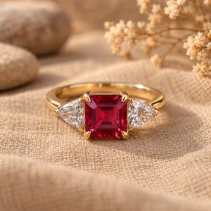 Asscher Cut Red Ruby Three Stone Engagement Ring, 14K Yellow Gold Trillion Moissanite Ring, Statement Ring for Women Statement Jewelry Gift