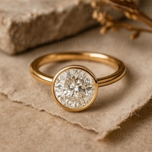 Round Moissanite Bezel Set Engagement Ring 14K Yellow Gold Minimalist Solitaire Ring Modern Wedding Jewelry Gift For Her Women
