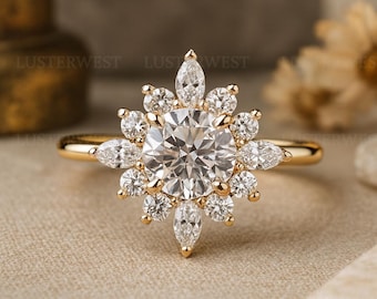 Floral Cluster Moissanite Engagement Ring Gold | Flower Halo Bridal Ring | Marquise Round Moissanite Wedding Ring | Christmas Gift for Her