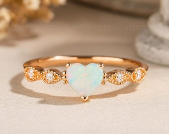 Heart Opal Ring Gold, Dainty Opal Engagement Ring, Minimalist Promise Ring, October Birthstone Jewellery, Heart Gemstone Ring, Gift for Her