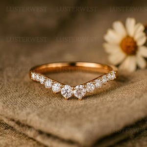 V Shaped Moissanite Wedding Band | 14K Rose Gold Curved Stacking Ring | Dainty Chevron Ring Gift For Her Fine Handmade Anniversary Jewelry
