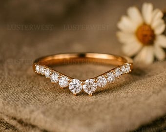 V Shaped Moissanite Wedding Band | 14K Rose Gold Curved Stacking Ring | Dainty Chevron Ring Gift For Her Fine Handmade Anniversary Jewelry