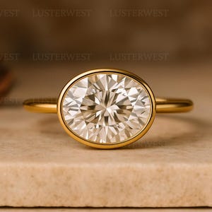 Oval Cut Moissanite Bezel Engagement Ring 14K Yellow Gold | Minimalist Solitaire Wedding Ring | Modern Timeless Promise Ring For Her