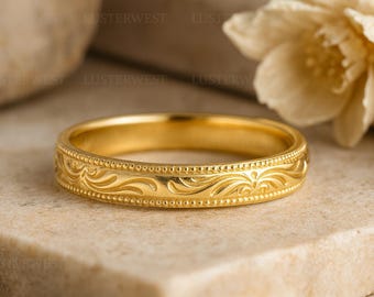 Vintage Engraved Wedding Band 14K Solid Yellow Gold | Antique Floral Pattern Ring | Classic Milgrain Gold Band for Men and Women, Plain Band