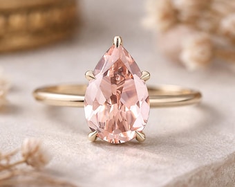 Antique Pear Morganite Ring 14K Gold • Vintage Peach Morganite Solitaire Engagement Ring • Elegant Heirloom Jewelry, Anniversary Gift