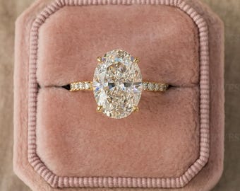 Oval Cut Moissanite Engagement Ring, 14K Rose Gold Pave Band Ring, Dainty Solitaire Wedding Ring, Minimalist Bridal Jewelry Gift, Statement