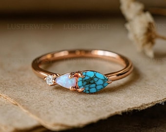 Vintage Turquoise Opal Engagement Ring,Pear Cut Gems,Art Deco Moissanite Wedding Band,3 Stone Unique Women Bridal Promise Ring,Silver Ring