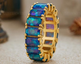 Opal Eternity Band Ring, 14k Yellow Gold Opal Inlay Wedding Ring, Rainbow Fire Opal Band, Statement Anniversary Ring, Gift for Her