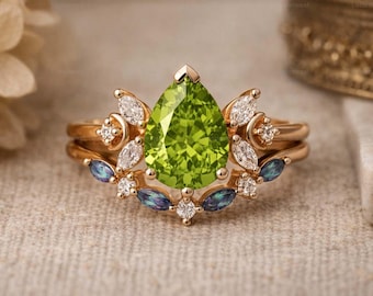 2PCS Pear Cut Peridot Engagement Ring Set Unique Alexandrite Diamond Bridal Ring August Birthstone Ring Stacking Anniversary Ring For Her