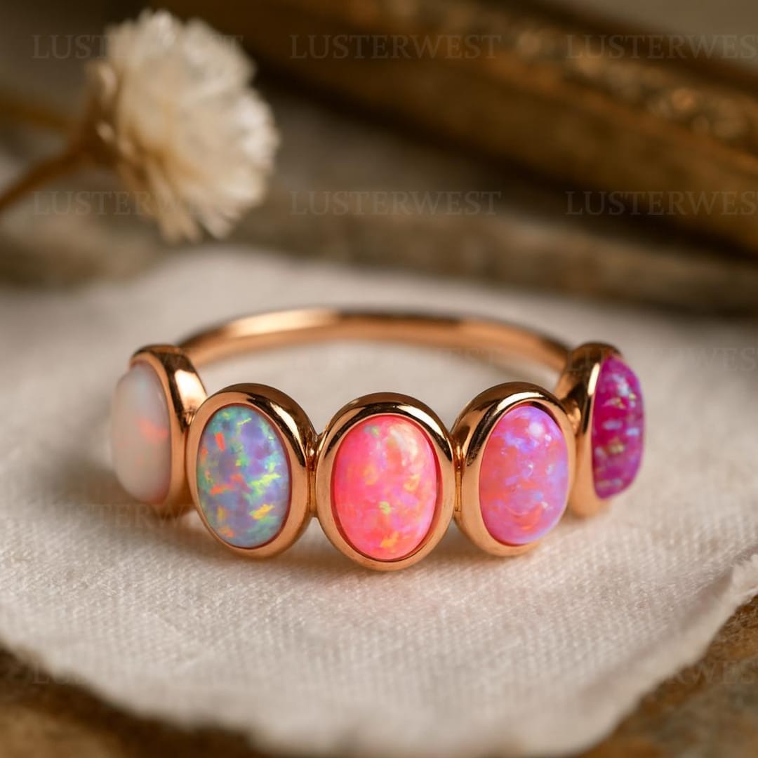 Opal Color Rings Multi Color Opal Ring, Rainbow Opal Gemstone Band, Dainty Gold Opal ...