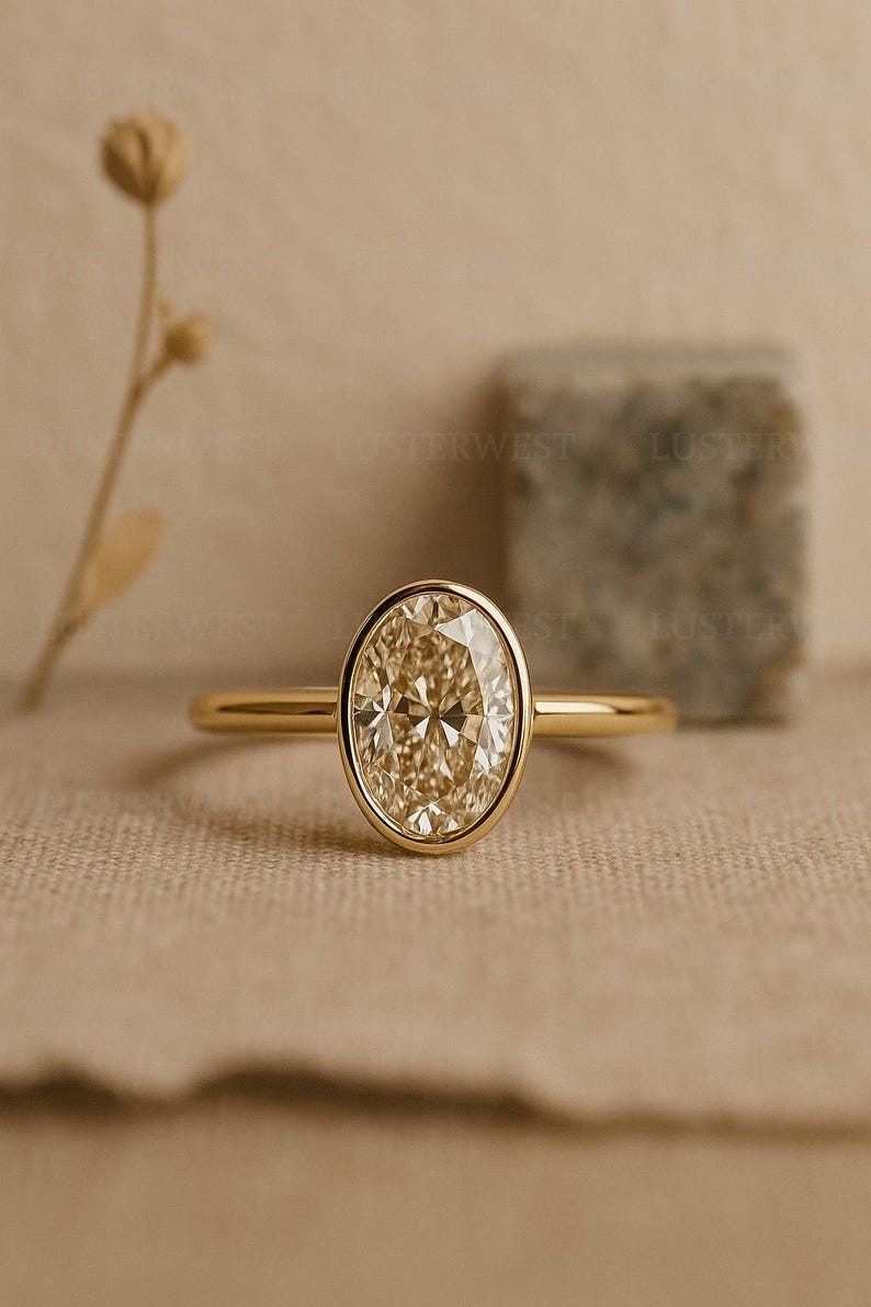 Oval Moissanite Bezel Engagement Ring | 14K Yellow Gold Minimalist ...