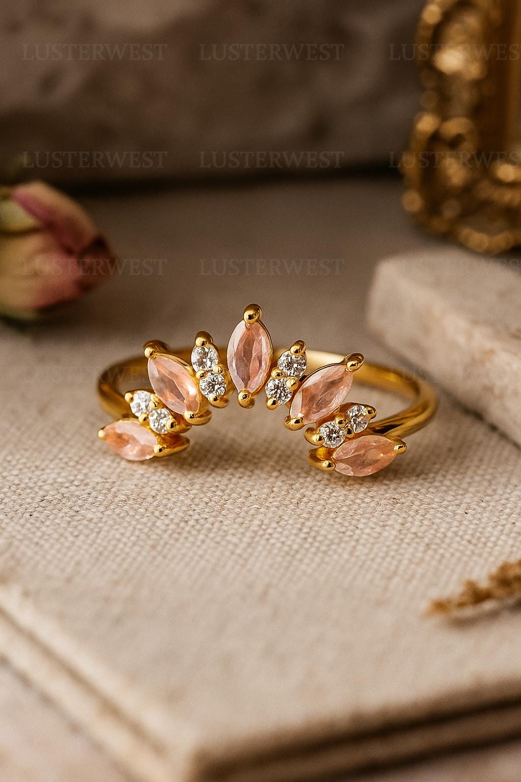 Marquise Morganite and Moissanite Tiara Ring in 14K Gold, Open Crown Band, Dainty Pink Gemstone Stacking Ring for Women, Anniversary Gift