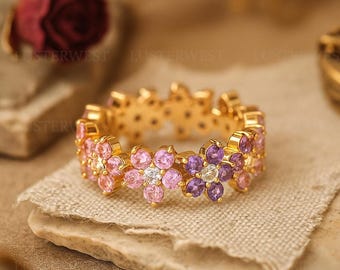 Floral Eternity Band Ring, Pink Purple Gemstone Flower Ring, Gold Dainty Stacking Ring, Anniversary Jewelry Gift, Colorful Statement Ring