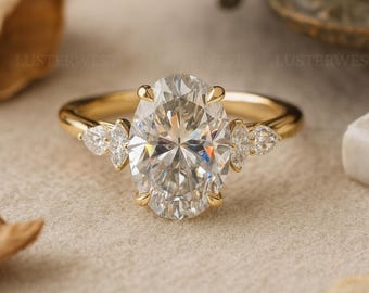 Oval Moissanite Engagement Ring in 14K Yellow Gold, Vintage Art Deco Style Wedding Ring for Her, Unique Anniversary Gift For wife