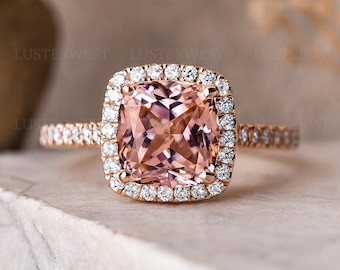 Cushion Cut Morganite Engagement Ring 14K Rose Gold Halo Diamond Ring | Peach Pink Gemstone Bridal Ring | Anniversary Gift for Her