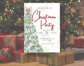 May include: A white Christmas party invitation card featuring a green watercolor pine tree topped with a pink bow, light gray snowflakes, and red text reading Join Us For Our Christmas Party, December 21, 2025, at 9 PM, 123 Anywhere St, RSVP 123-456-7890.