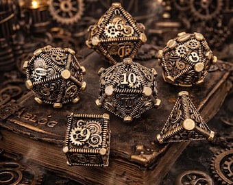 Juego de dados poliédricos de metal hueco estilo Steampunk, 7 dados para juegos de rol de mesa, dados de D&D TRPG estilo engranaje vintage