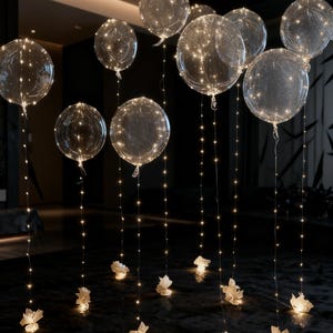 May include: Clear, round balloons filled with tiny, warm white lights. The balloons are suspended from the ceiling with strings of lights that end in white paper flower decorations on the floor. The background is dark.