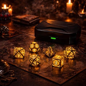 May include: A set of illuminated polyhedral dice in various shapes, including a d20, d6, and d4, with intricate designs. A black case with a green light is in the background. The dice are lit with a warm, golden glow, suggesting a fantasy game theme.