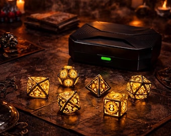 Juego de dados LED de metal hueco, 7 dados poliédricos para DND RPG, con brillo RGB (estuche de carga)