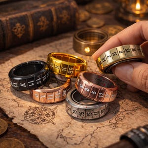 May include: A collection of metallic rings with rotating bands featuring numbers. The rings are in various colors, including gold, black, copper, and silver. The rings are displayed on a vintage map with a compass rose design.