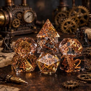 May include: A set of clear resin dice with embedded bronze-colored gears and numbers. The dice are in various geometric shapes, including a pyramid, a cube, and a 20-sided die. The background features steampunk-themed gears and a clock.