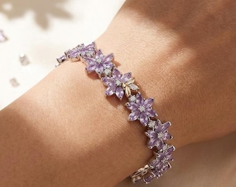 Sterling Silver Floral Bracelet with Bee Accent, Purple Crystal Dainty Jewelry,Gift for Her