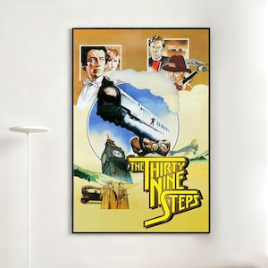 May include: A framed poster for the film "The Thirty Nine Steps." The artwork includes illustrations of actors, a train, Big Ben, and a vintage car. The title is in yellow, stylized text. The background is a mix of yellow, blue, and tan.