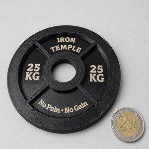 May include: A black circular weight plate with a central hole, featuring the text IRON TEMPLE, 25 KG, and No Pain No Gain in light-colored lettering. A two-euro coin is placed next to the weight plate for scale, showing the relative size.