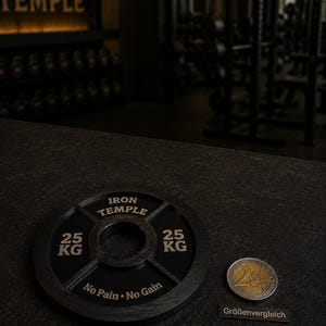 May include: A black circular weight plate featuring the text IRON TEMPLE, 25 KG, and No Pain No Gain, positioned next to a two-euro coin for scale. The weight plate has a central hole and structural spokes, with a dark, textured finish throughout.