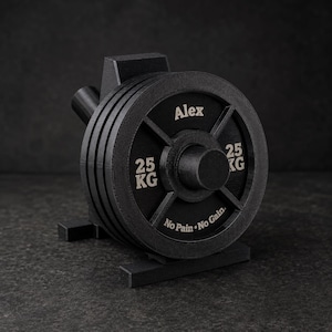 May include: A black weight plate desk accessory featuring the name Alex, the text 25 KG on both sides, and the phrase No Pain &bull; No Gain at the bottom. The circular weight is mounted on a small stand, mimicking the appearance of a gym barbell plate.