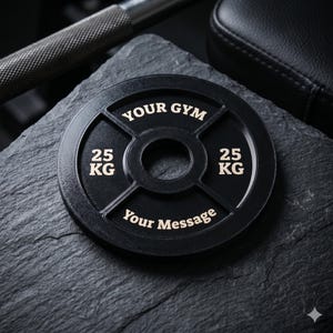 May include: A black circular weight plate with a central hole and four spokes. The text "YOUR GYM" is printed at the top, "25 KG" is printed on both sides, and "Your Message" is printed at the bottom in a light-colored, sans-serif font.