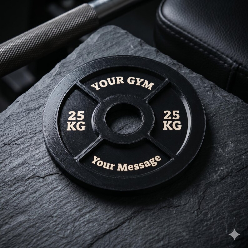 May include: A black circular weight plate with a central hole and four spokes. The text "YOUR GYM" is printed at the top, "25 KG" is printed on both sides, and "Your Message" is printed at the bottom in a light-colored, sans-serif font.