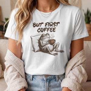 Vintage Linocut Frog Shirt Whimsigoth But First Coffee Chill Tee